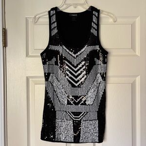 Unique Black & White Knit & Sequin art deco Tank Top